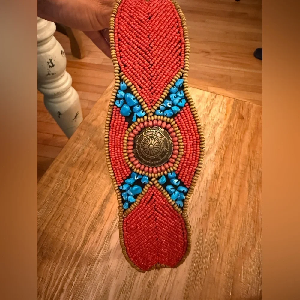 Red Blue Wood Glass & Turquoise Beaded Belt Fits 29 Waist